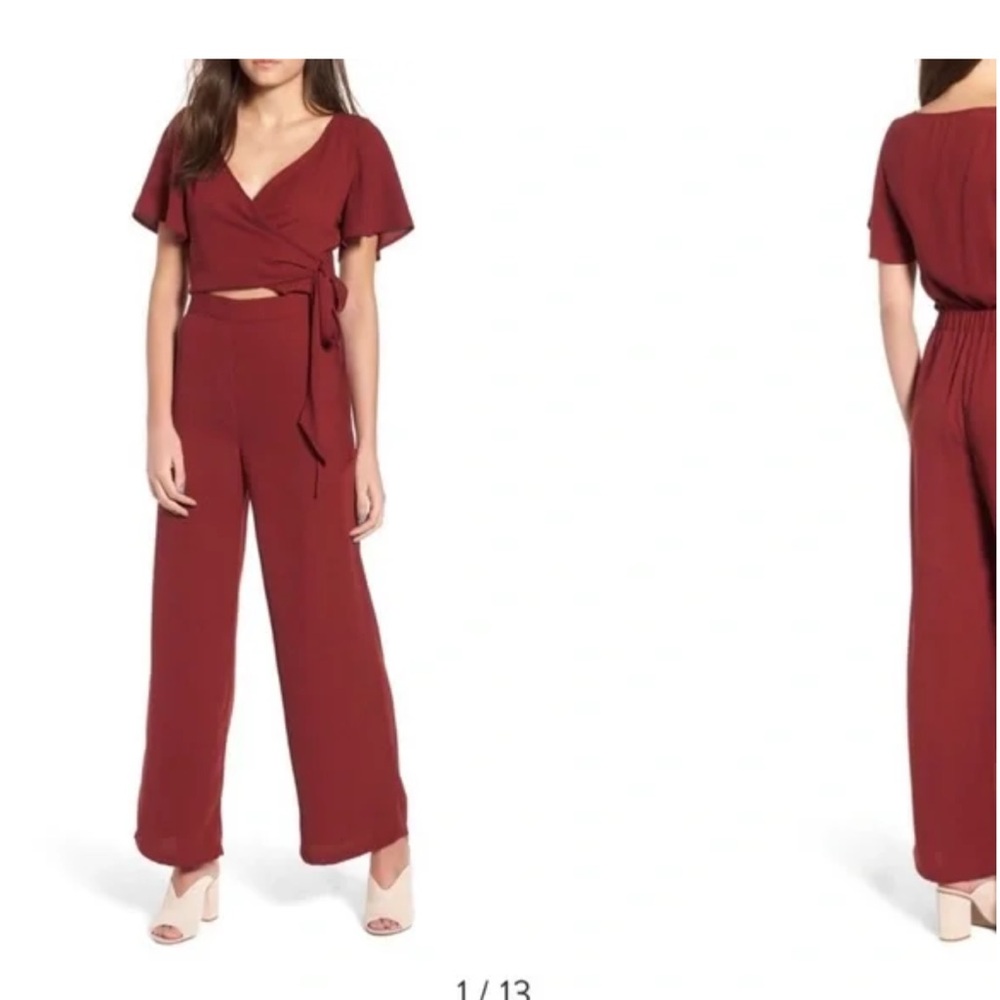 NWT Leith maroon jumpsuit size medium wrap front tie wide leg cut out holiday